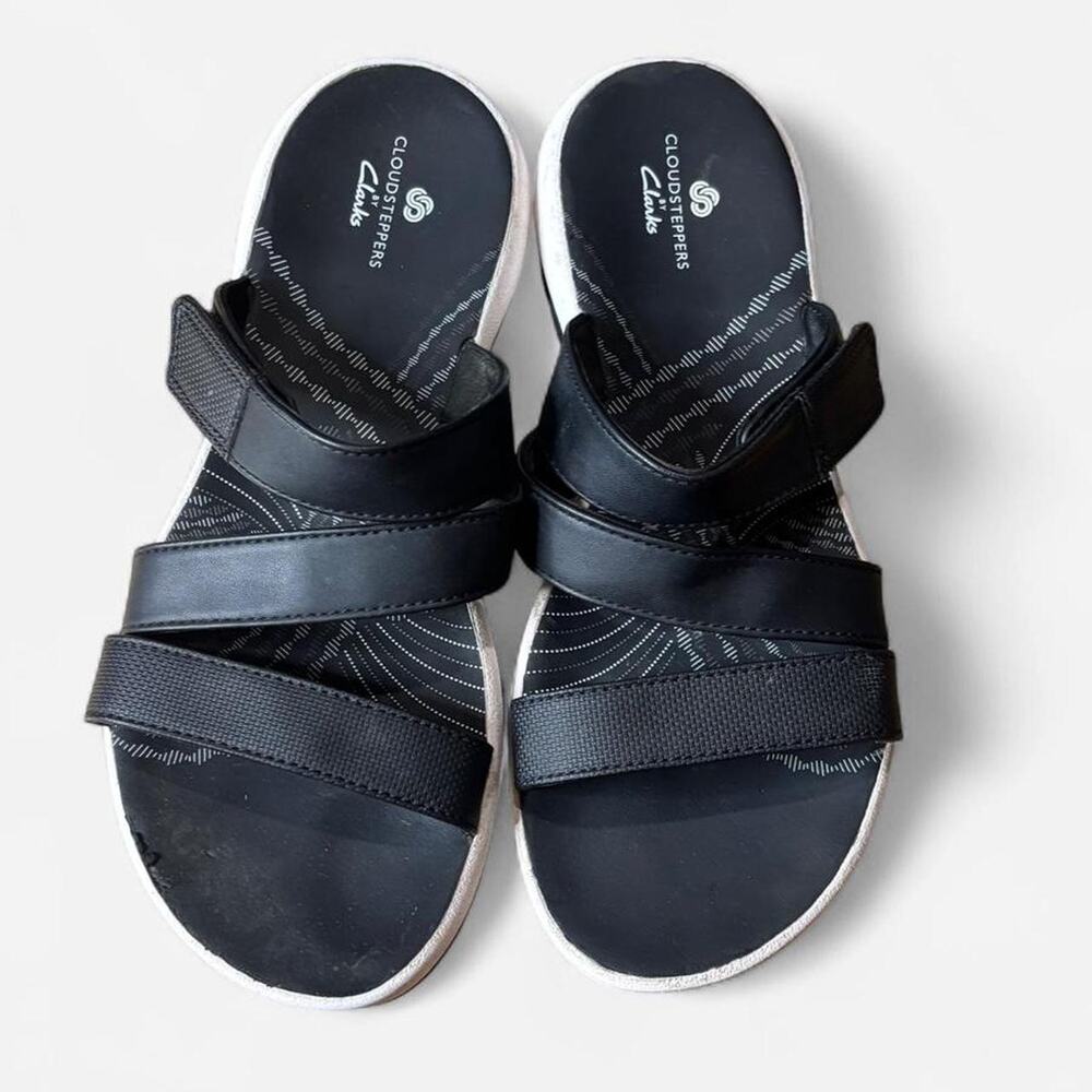 Clarks Cloudsteppers 8 Medium Black Strappy Slide Sandals Comfort Adjustable